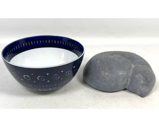 Lot 784 2pc lot. Arabia Finland Valencia Bowl by Ulla Procope and Stylized Sleeping Cat Sculpture