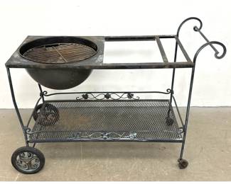 Lot 1268 Vintage Iron Hibachi Grill Rolling Serving Cart. Decorative Scrollwork and Ivy Leaf Motifs. Lower le