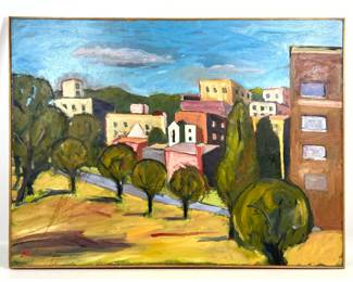 Lot 984 Large Urban Cityscape Oil Painting on Fredrix Artist Quality Canvas Signed ML