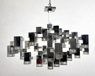 Lot 781 Extra Large Gaetano Sciolari Chandelier. Could use a little polishing. satin nickel accents
