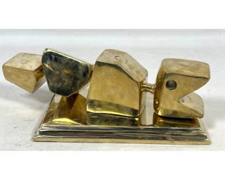Lot 839 Modernist Cast Brass Articulated Fish Sculpture. Rests on Stepped Brass Plinth. Spurious artist init