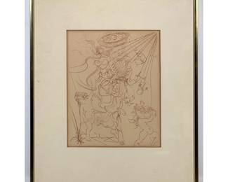 Lot 722 Salvador Dali plate signed etching titled Autumn featuring surrealist female figure and putti. Frame