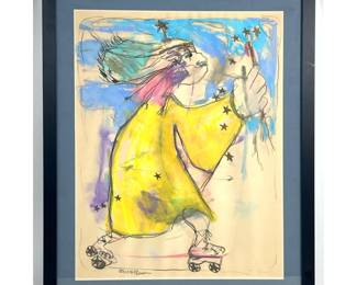 Lot 833 George Kleiman Mixed Media Drawing on Paper. Signed and dated 12.3.76. Whimsical Figure on Roller Sk
