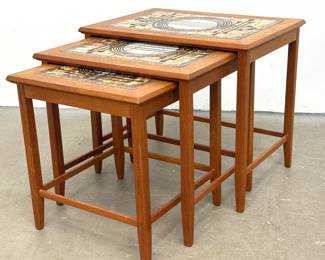 Lot 1118 Vintage Set of 3pc Danish Modern Teak Tile Top Nesting Tables, Denmark. Signed tiles.