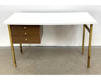Lot 1136 Arthur Umanoff Style Brass Leg White Laminate Top Desk 3 Drawer Vintage in the manner of McCobb.