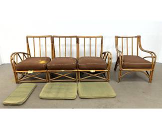 Lot 1207 HeywoodWakefield 4pc MidCentury Modern Birch and Rattan Sectional Sofa and Armchair Set. Signed wi