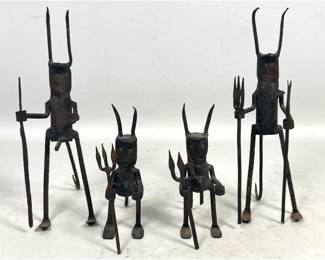 Lot 807 Set of 4 Brutalist Style Hand Forged Wrought Iron Exu Devil Sculptures with Tridents and Spears. Two
