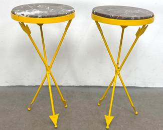 Lot 1093 Pair Iron and Marble Drink Stands with Arrow Tripod Base. Yellow finish.