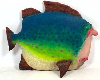 Lot 1196 Large Whimsical Anthropomorphic Fish Wall Sculpture with Polychrome Finish and Human Facial Features
