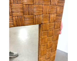 Lot 911 Large rectangular wall mirror with honey toned basket weave pencil rattan and split bamboo frame.