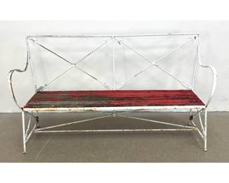 Lot 1228 Regency English wrought iron and wood 3 seat garden bench with arrow and fletching motifs.