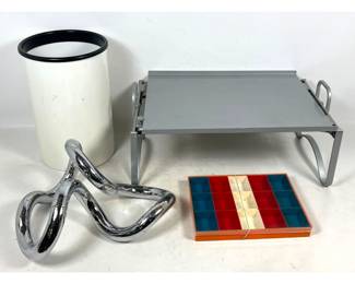 Lot 1176 Mid Century Modern lot. Mod Plastic Kartell Waste Can, Chrome Articulated Snake Puzzle Toy, Multicol