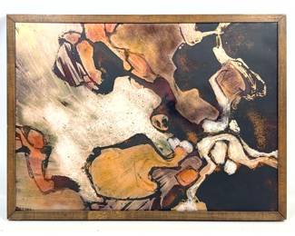 Lot 747 Christine Hoke 71 Vintage Enamel on Copper Abstract Painting Wall Art, Walnut Frame.