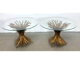 Lot 738 Pr Hollywood Regency Gilt Metal Sheaf of Wheat Side Tables. Circular Glass Tops. Likely Italian.