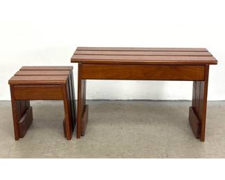 Lot 1129 Pair of Modern Slatted Hardwood Benches in a Reddish Brown Stain with Triple Slat Seats and Legs