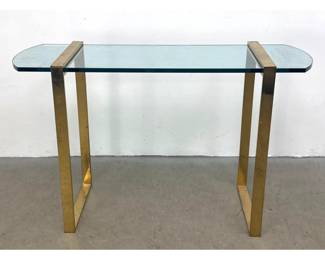 Lot 757 MidCentury Modern brass toned metal and demilune glass console table. Unsigned.