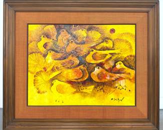 Lot 995 Filipino Artist Signed Stylized Bird Painting. Gathering of birds with large eyes and flared tail fe