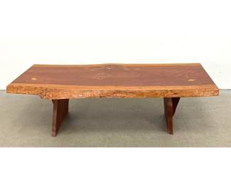 Lot 1040 PJ Spring Handcrafted Live Edge Cherry Bench with Bird Motif Inlays. American Studio Craftsman.