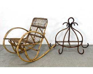 Lot 1155 2pcs Modernist Rattan Furniture. Children Size Rocking chair and decorative rack,