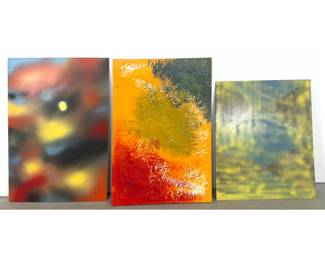 Lot 967 3pc Modernist Abstract Paintings on Wood and Board. Unsigned.