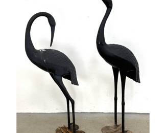 Lot 1266 Pr Vintage Cast Metal Garden Crane Sculptures. Textured Feathers. Black Paint Finish. Outdoor. Garde