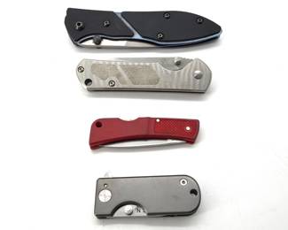 Four pocket knives by Benchmade, Wesn, Gerber, and Sanrenmu