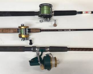 Trio of spinning rod and reel combos by Cabelas, Penn, and Quantum