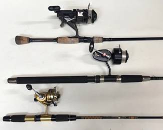 Trio of spinning rod and reel combos by Daiwa, Master, and Temple Fork Outfitters