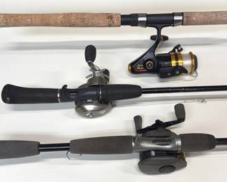 Trio of spinning rod and reel combos by Bass Pro Shop, Daiwa, and Penn
