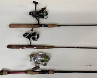 Trio of spinning rod and reel combos by Guide Series, Temple Fork Outfitters, Berkley