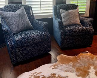 SHERRILL CUSTOM LEOPARD PRINT NAVY FABRIC SWIVEL CHAIRS
