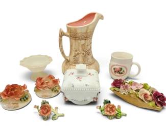 Porcelain Rose Candleholders, Milk Glass Handpainted Floral Lidded Box,  More