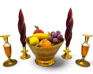 Vintage Wood  Brass Bowl With Sequined Fruit  2 Sets Of Candleholders