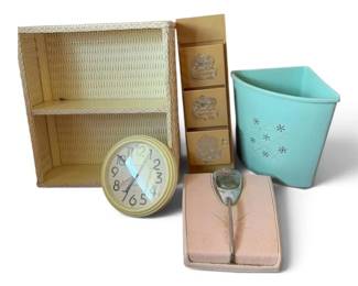 Vintage Blue Plastic Trash Bin, Pink Scale, Letterholder And White Wicker Shelf