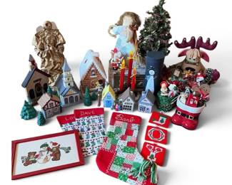 Christmas Stockings, Ornaments, Ceramic Village And More