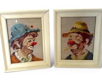 Framed Needlepoint Clown Art Pair