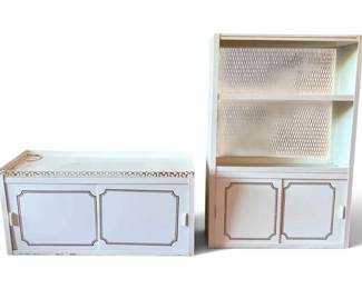 Pair Of White Metal Sliding Cabinets With Shelf