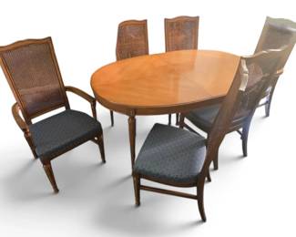Mount Airy Wood Table With 6 Cane Back Chairs  2 Table Leaves