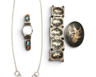 Sterling Silver Siam Bracelet  Brooch, Turquoise  Red Coral Watch,  Necklace 73g