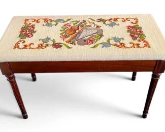 Needlepoint Hardwood Musicians Bench With Musical Instrument Design