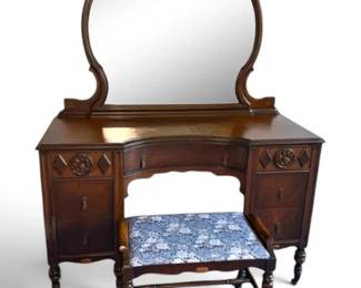 Antique Vanity Dresser  Mirror w Carved Details and Burlwood Accents