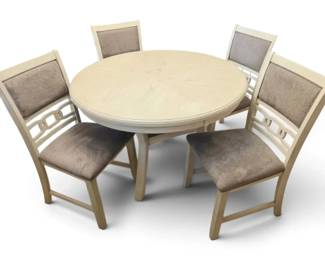 White Washed Round Table  4 Chairs With Grey Seats