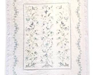HandSewn Blue  White CrossStitch Embroidered Deer Quilt 84 x 96 