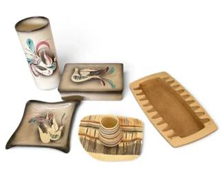 MCM Sasha Brastoff Peacock Dish, Vase  Lidded Box, MCM Ashtray, Brastoff Dish  Mini Vase