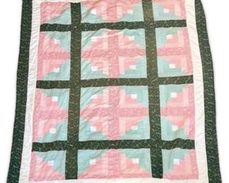HandSewn Bows  Roses Pink, Green, Blue And White Patchwork Quilts Full Queen
