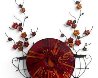 Large Art Glass Plate With Stand And Pair Of Metal Flower Wall Decor