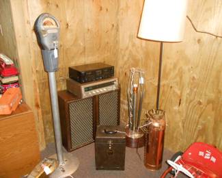 Fire Extinguisher Floor Lamp, Stereo Speaker System, Parking Meters