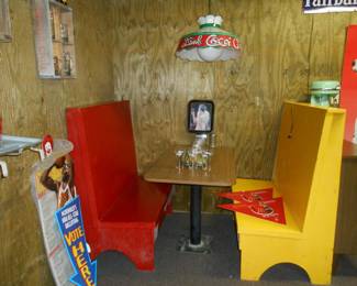 Wood Booth w/Table & 2 Benched in coke colors, Coca Cola Swag Light 