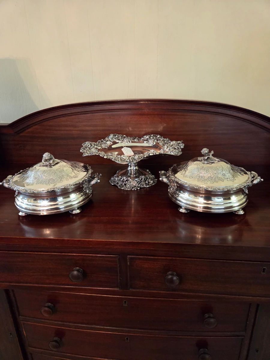 Pair of Sterling Silver Buffet Lidded Service dishes. Silver on copper container, inserts and lids marked sterling with British passants.  Note Heraldic moto God is my Strong Tower.