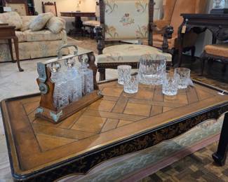 Chinoiserie trimmed coffee table. Antique English Tantalus with 3 glass decanters 